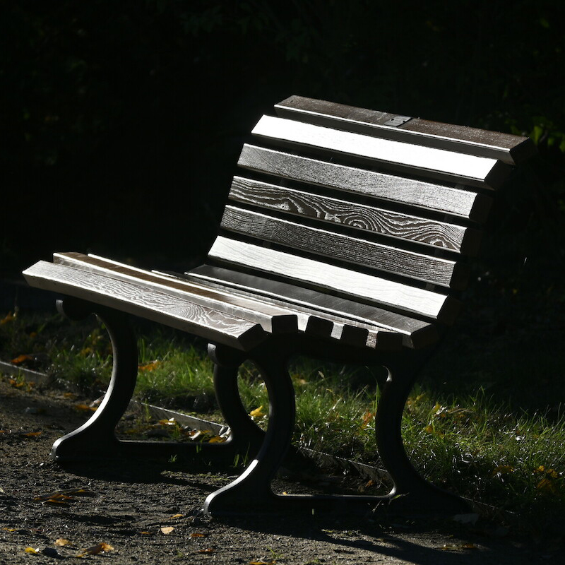 Eine Parkbank aus Holz mit geschwungenen Metallbeinen liegt im Sonnenlicht und wirft Schatten auf den Boden. Der Hintergrund ist dunkel, und es ist etwas Grün zu sehen, wodurch die Bank als Blickpunkt hervorgehoben wird.