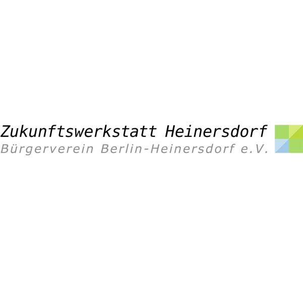 Logo mit dem Schriftzug „Zukunftswerkstatt Heinersdorf Bürgerverein Berlin-Heinersdorf e.V.“ und einem Motiv aus drei sich überlappenden Quadraten in Blau und Grün auf der rechten Seite.